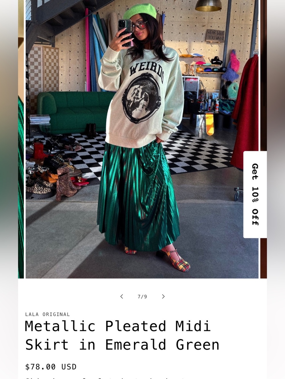 Metallic Pleated Midi Skirt in Emerald Green